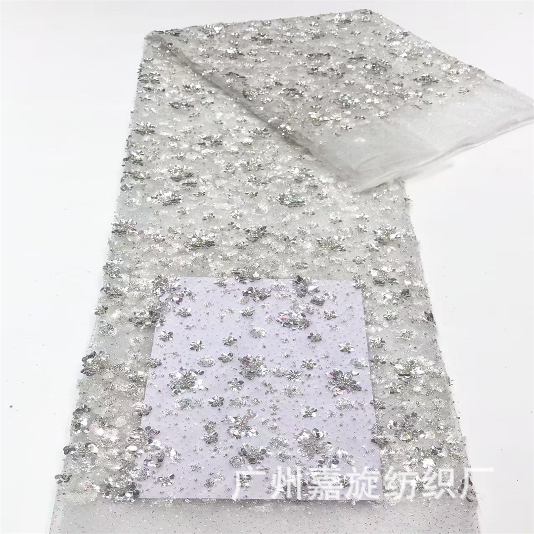 New silver three-dimensional laminated small flower bead tube mesh fabric small fresh children's dress dress wedding dress cheongsam lace
