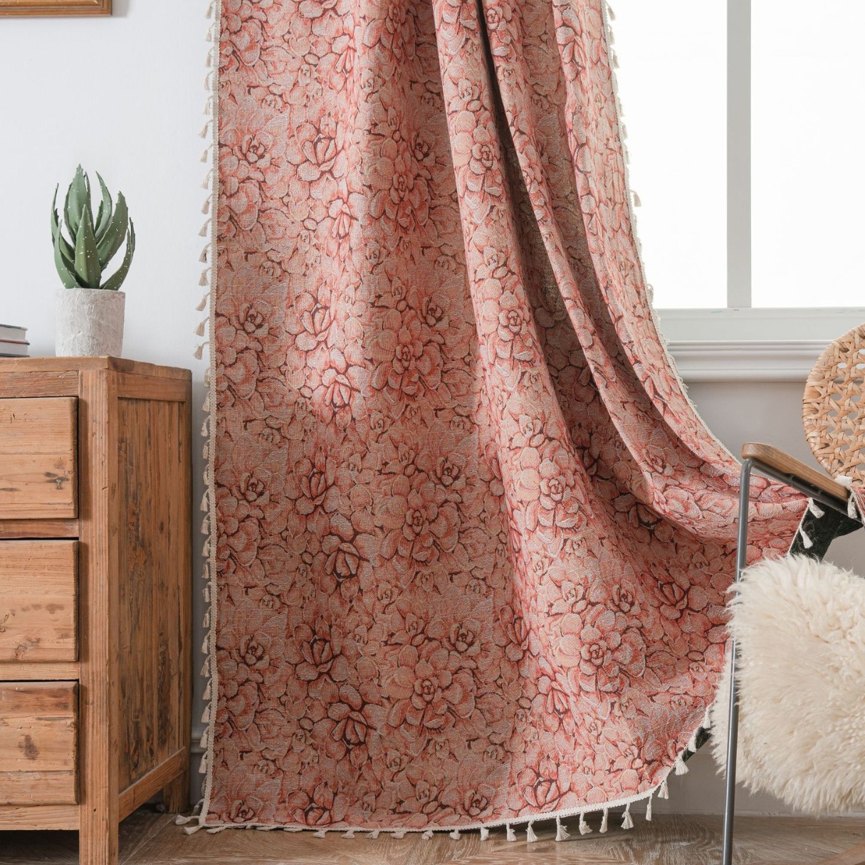 Picture of Yuman Qiyun Curtain Pink Fleshy Flower Jacquard Tassel Curtain Finished Kitchen Curtain Bay Window Semi-Shaded