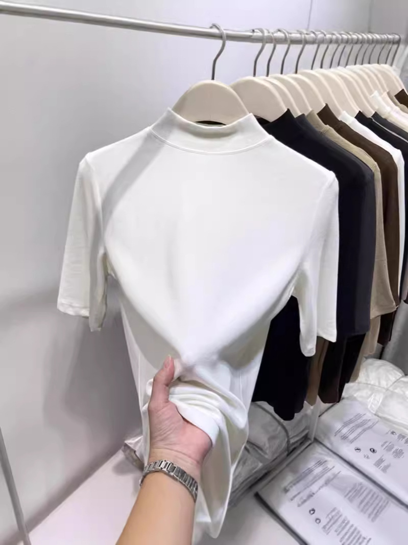 Women's Fleece Half-high Collar Stykin' Tight Base Shirt with Half Sleeves Autumn and Winter New Arrival plus size Sleeve White Top