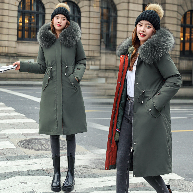 Mid-length over-the-knee new winter detachable parka down jacket women's Korean-style fleece-lined thickened cotton-padded jacket