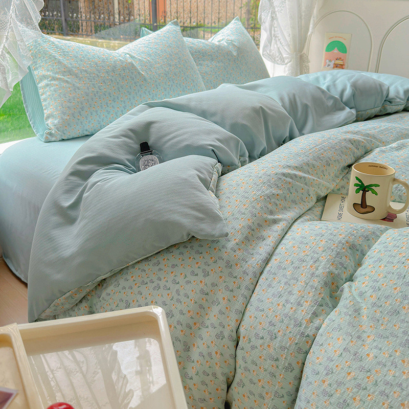 New Color Zhu Cotton Four-piece Set Soft Skin-friendly Small Fresh Student Dormitory Floral Bedding Kit Three-piece Set