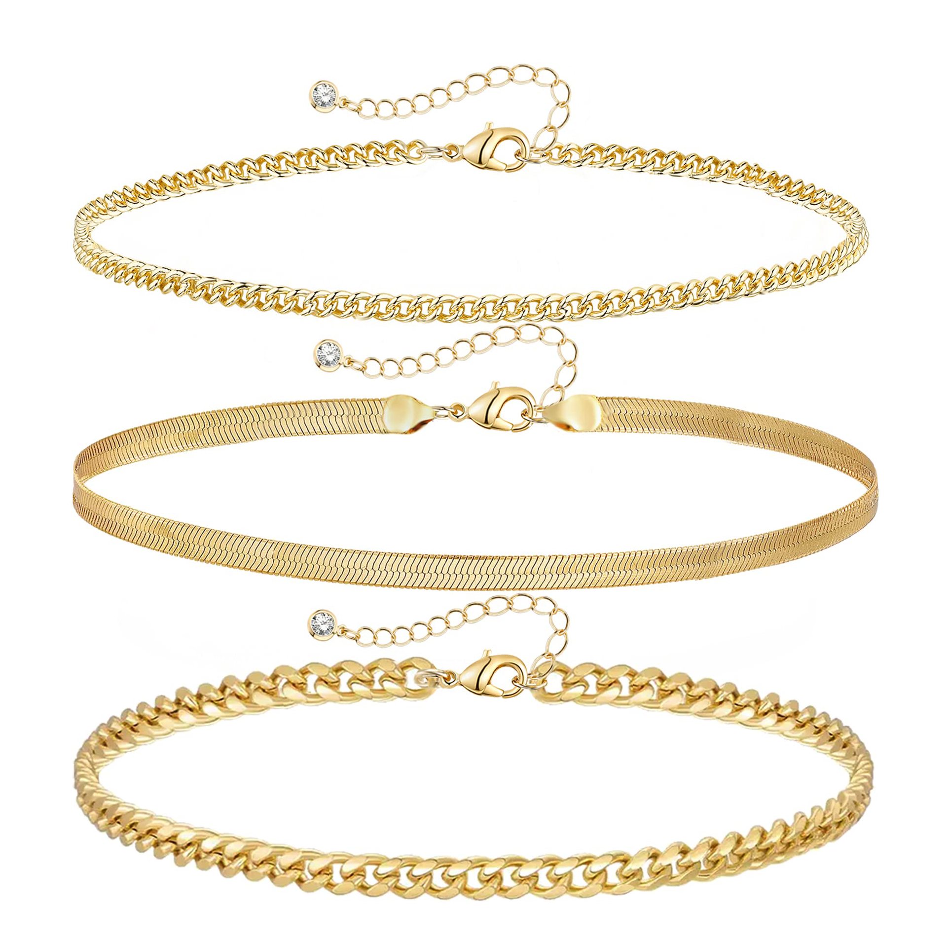 Amazon Women Golden Layered Bracelet Cuban Chain Anklet Snake Bone Chain Tennis Chain Summer Beach Bracelet Set