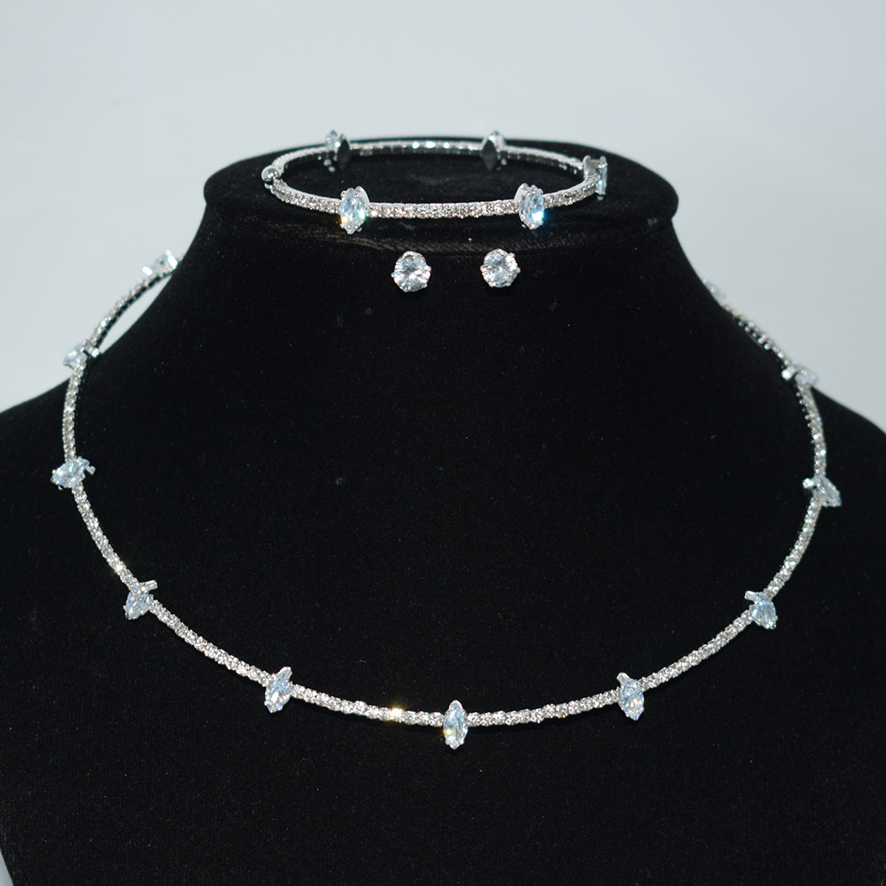 Fashionable Single-Layer Zircon Rhinestone Pearl Choker Bracelet Earring Set Bridal Wedding Dress Accessories Clavicle Necklace