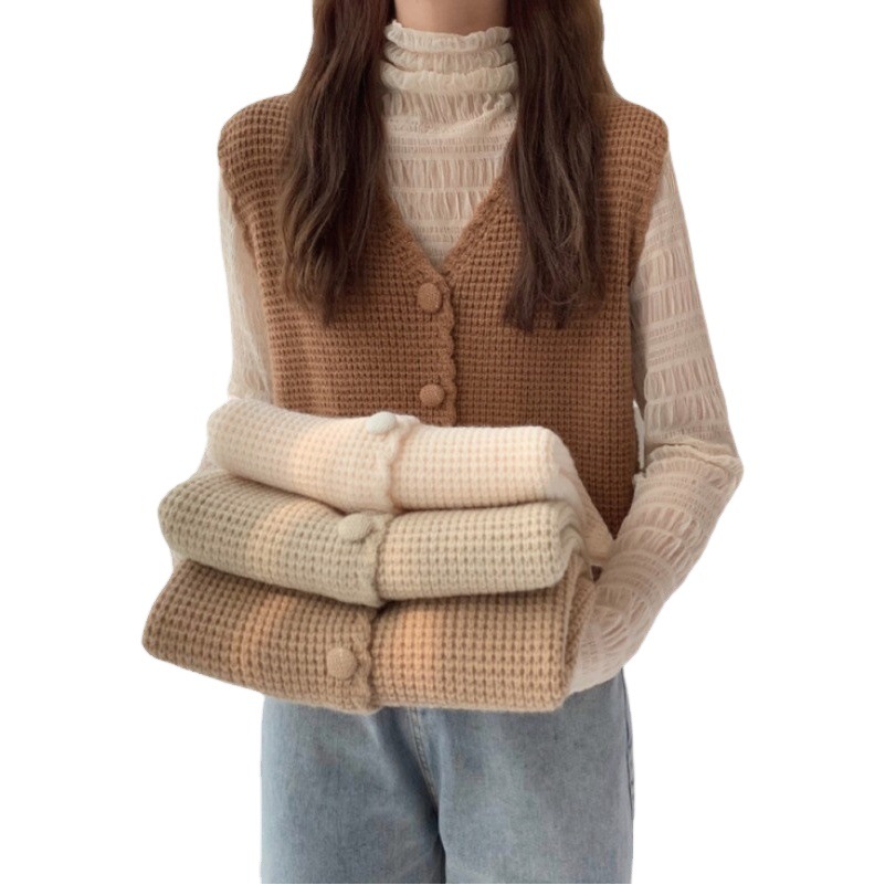 V-Neck Knitted Vest Women's Spring and Autumn 2024 New Loose Retro Waistcoat Sweater Jacket Sleeveless Top