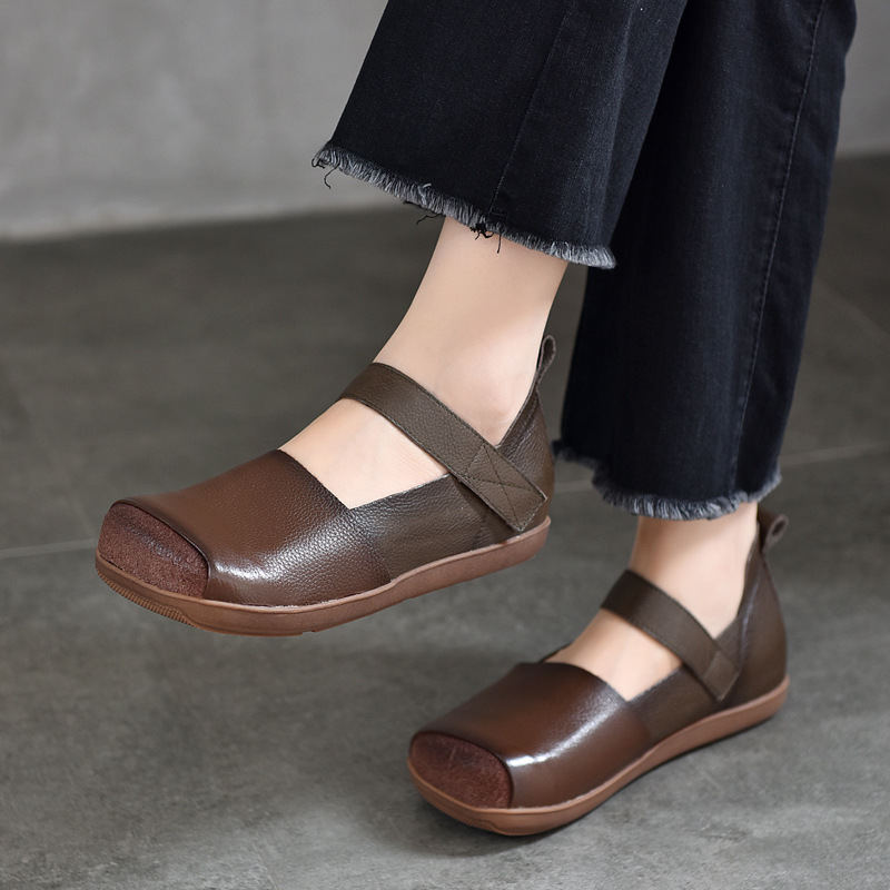 Retro Genuine Leather Square Toe Women's Shoes Flats Heel Soft Sole Flats Women's Spring New Flats Handmade Shoes Velcro Pumps