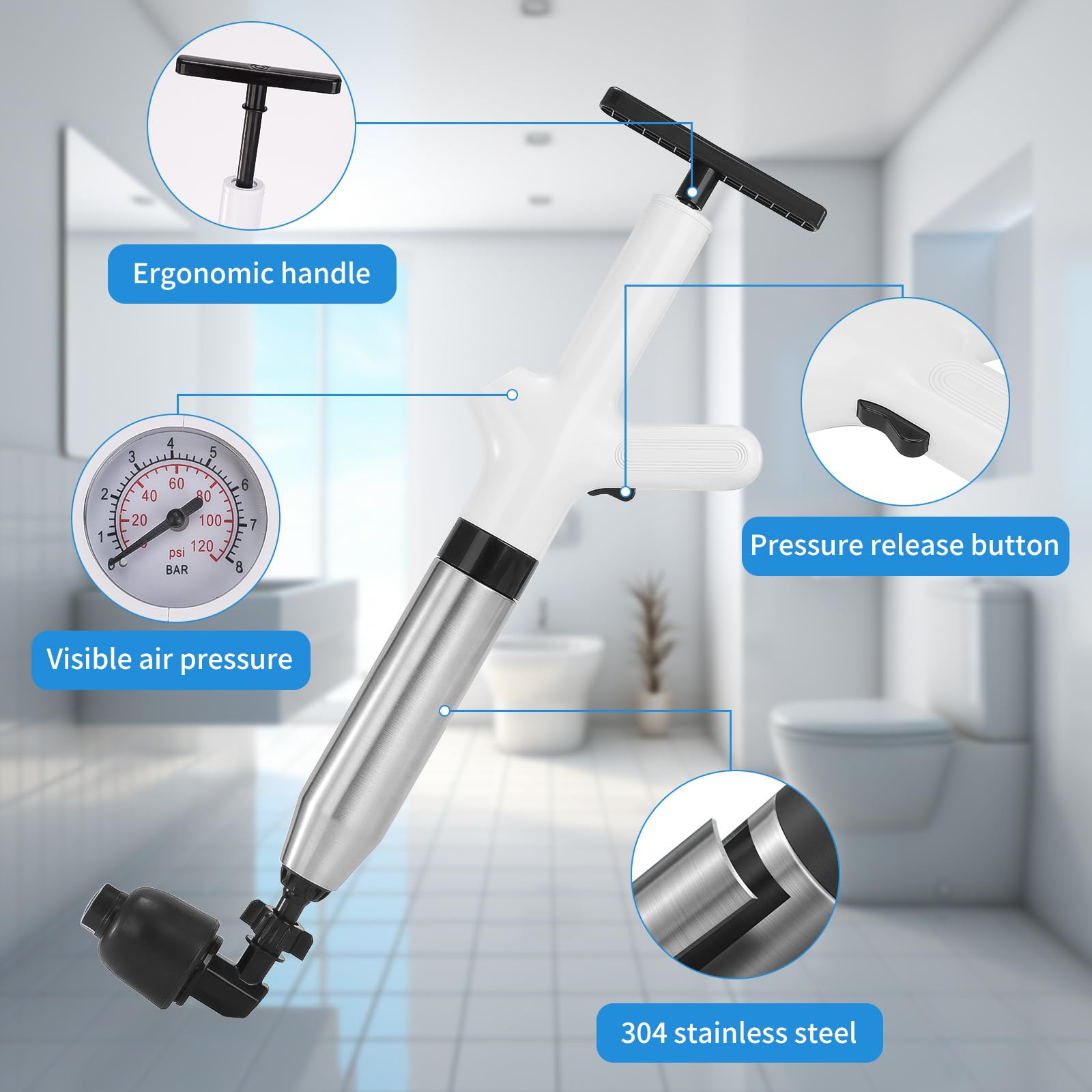 New Stainless Steel Toilet Dredge Sewer Blockage Artifact Poke Toilet Household Pipe Pneumatic One-shot