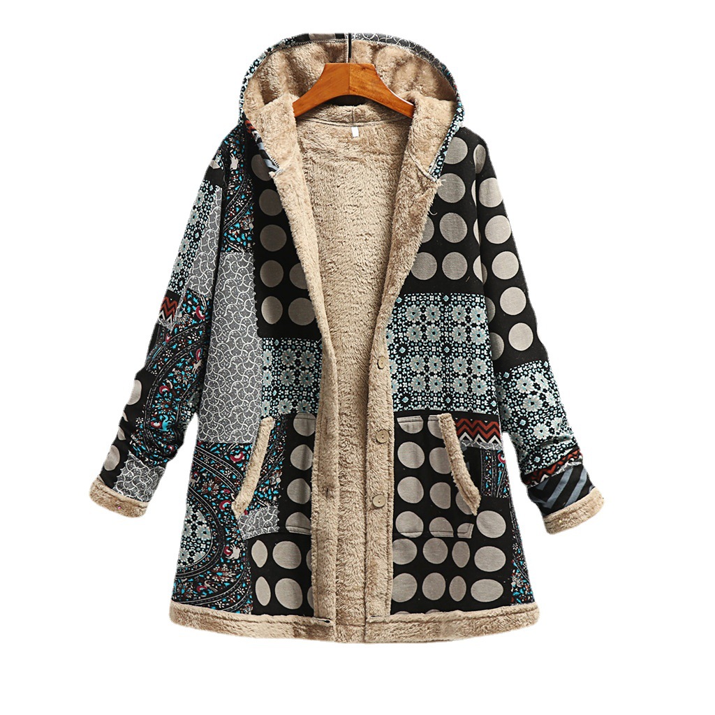 Picture of 2023 Winter Amazon Wish European and American New Women's Cotton and Linen Printed Hooded Sweatshirt Warm Stuffed Jacket