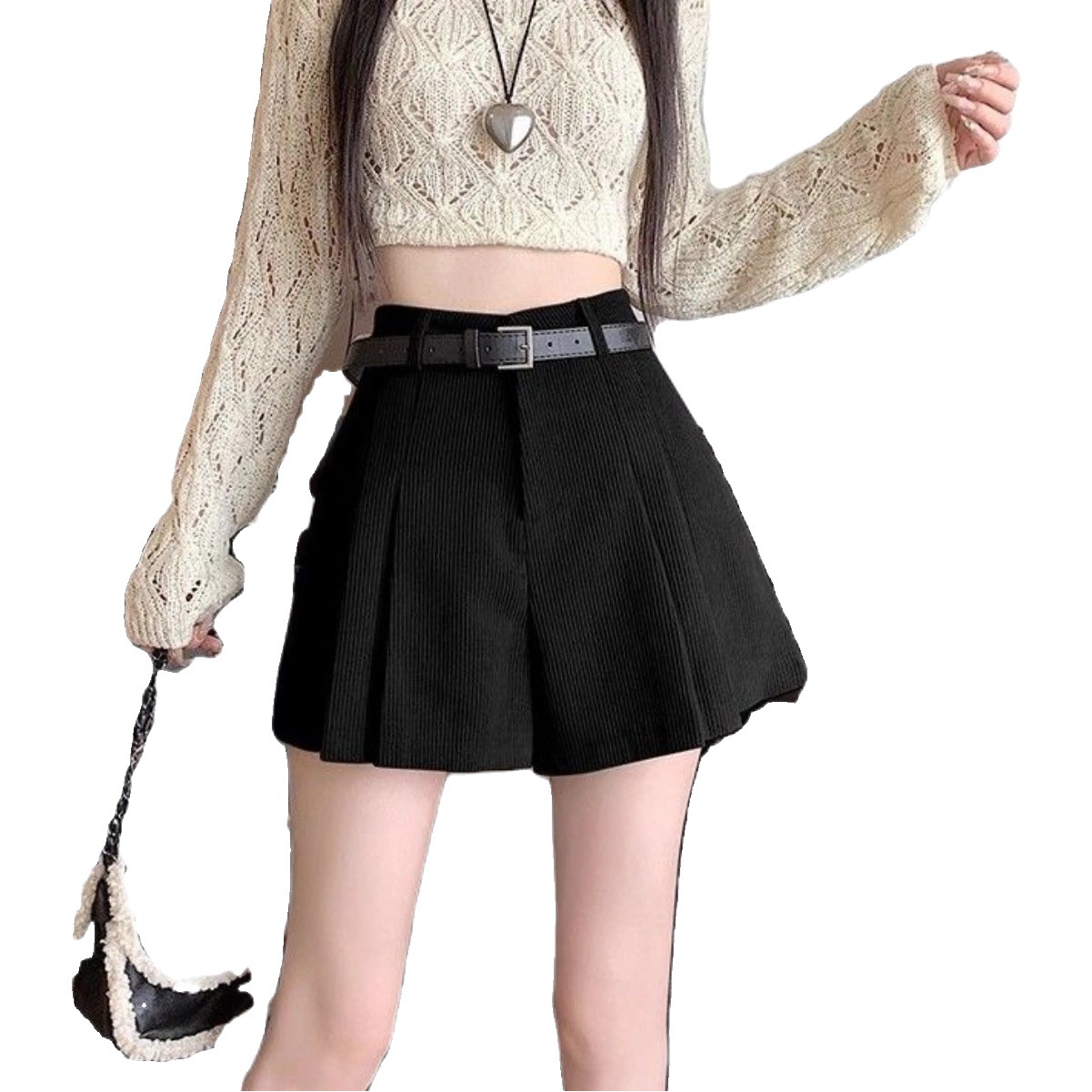 High waist corduroy shorts women's autumn 2024 New slimming wide leg pants outer wear casual pants pleated boot pants fashion