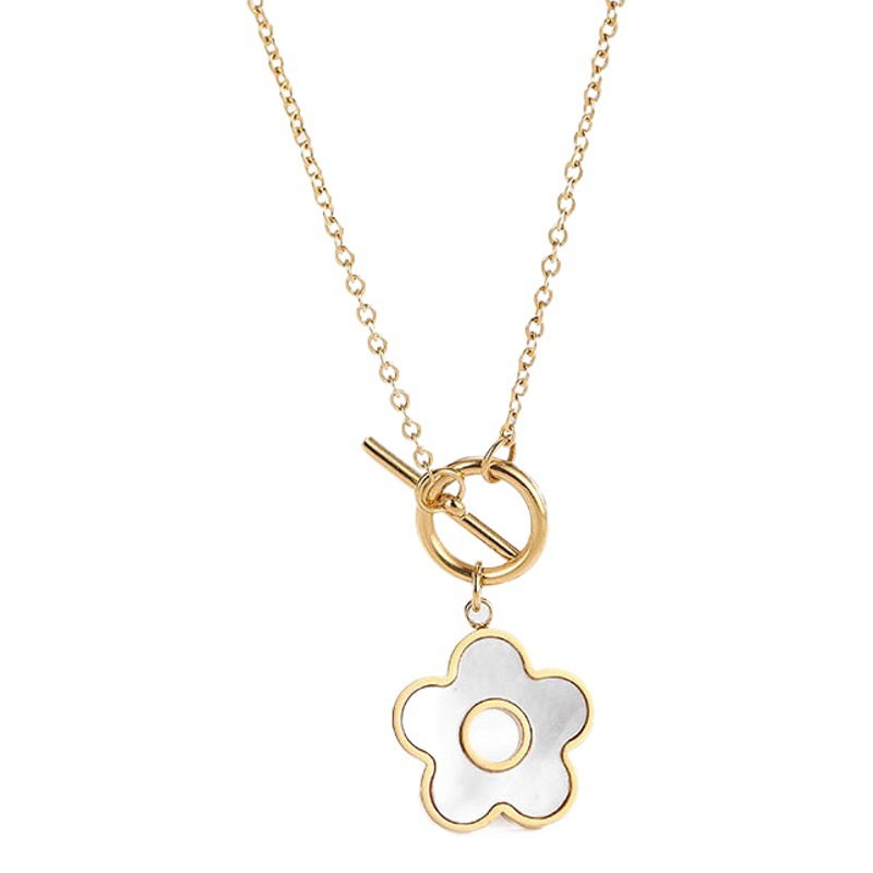 Japanese and Korean Style Simple OTbuckle Flower White Shellfish Titanium Steel Necklace Women's Niche Design High-grade Clavicle Chain Girlfriend Trendy Jewelry