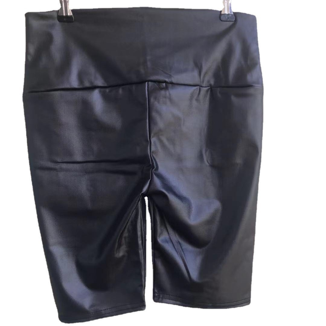 Picture of Self-produced cross-border black imitation leather cycling shorts tight wide waist pants basic women's pants