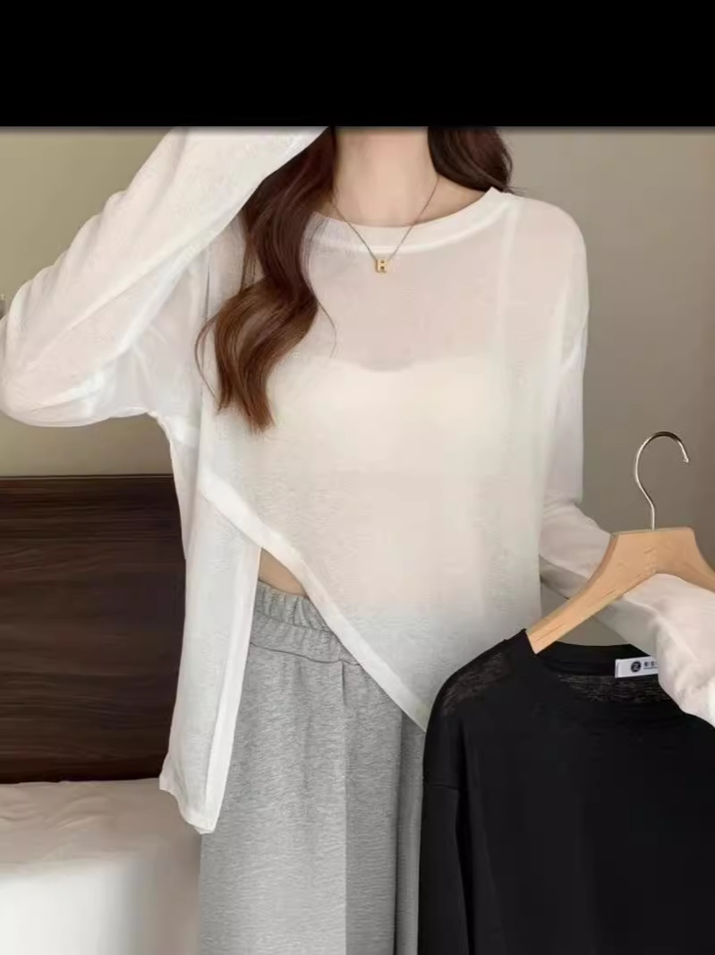 2025 summer new thin foreign style split irregular sun protection clothing long sleeve loose version solid color T-shirt women's top