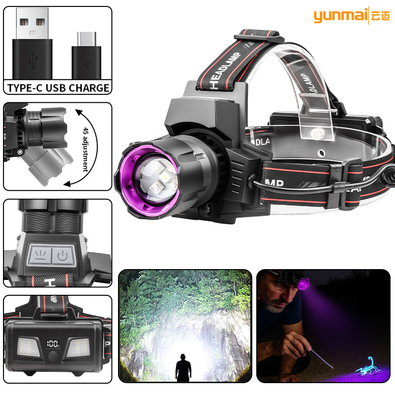 Cross-Border New White Laser Zoom 395 Uv Purple Light USB Charging Digital Display Outdoor Strong Light Purple Light Headlight