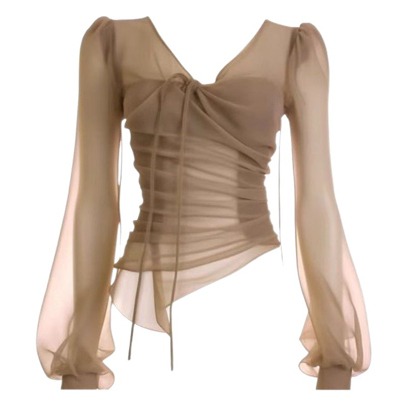 French V-neck long-sleeved shirt women's autumn slim fit pleated irregular mesh shirt unique chic temperament top-