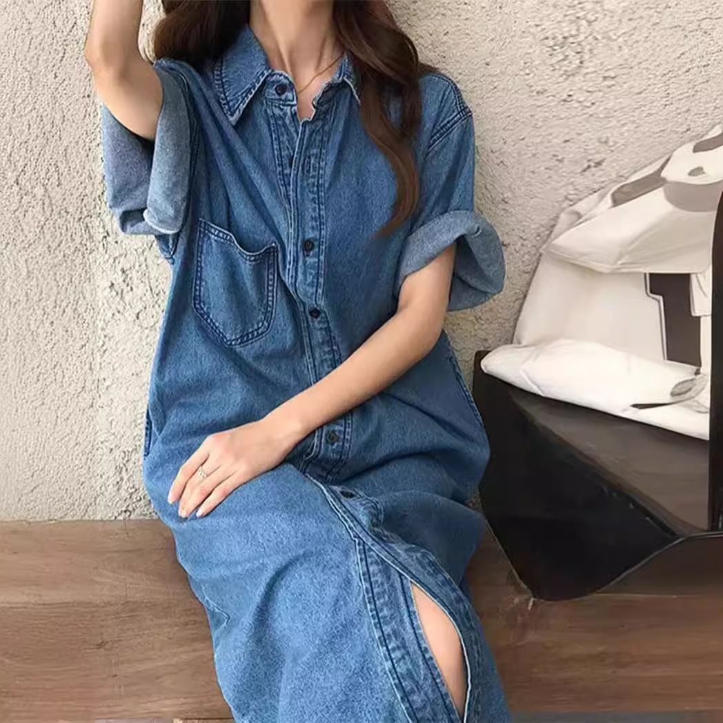 2025 New Summer Korean Style Loose Large Size Denim Shirt Dress Mid-Length Tall Slim Dress for Women