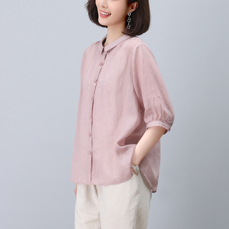 Ramie Shirt Women's Short-Sleeved 2024 New Summer Short-Sleeved Shirt Embroidered Shirt Petite Mother Retro Top