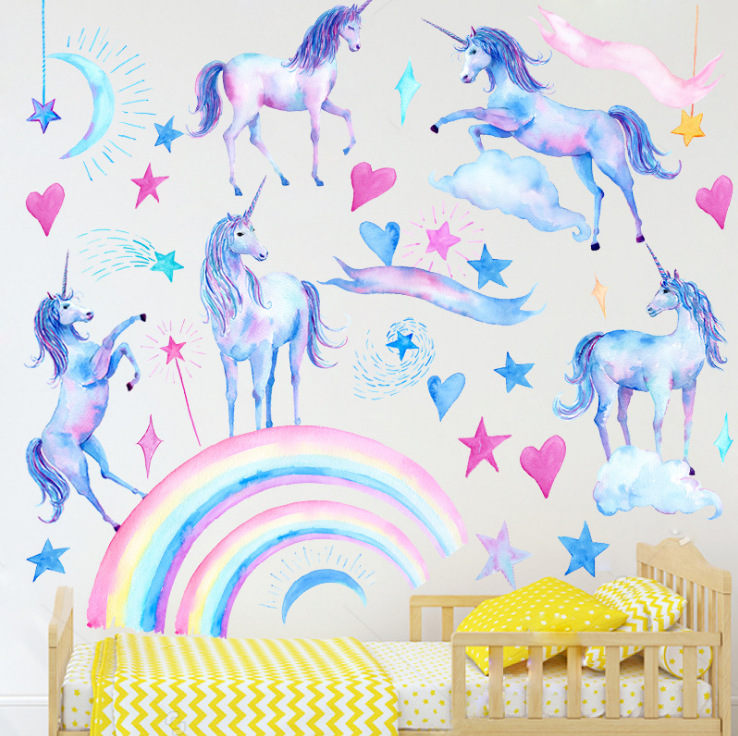 Amazon AliExpress Nordic ins Hand-painted Love Rainbow Unicorn Stars Children's Room Wall Stickers Bedroom Decoration