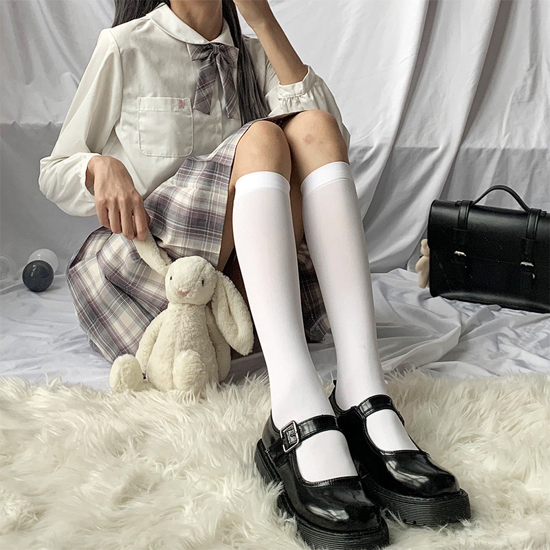 White Velvet Calf Socks, Stockings, Mid-Calf Socks, Summer Thin Long-Tube Jk Spring & Fall Bare Leg Half-Tube Japanese Style Style