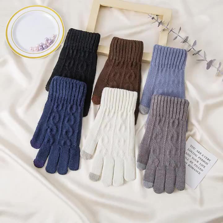Cross-border Touch Screen Gloves Autumn and Winter fleece-lined Corner Flower High Rib Thickened Spinning Cashmere Wool Knitted Cold-proof Riding Gloves