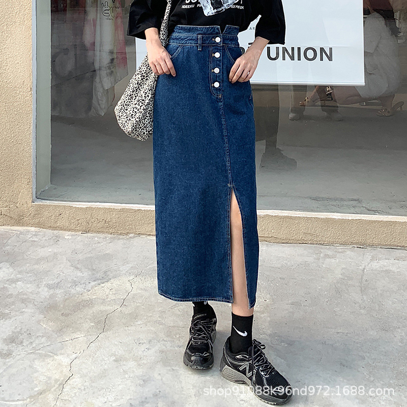2023 New Autumn Pleated Autumn Blue Row Split Long Dress Cotton Stitching Fresh Sweet Denim Solid Color Skirt