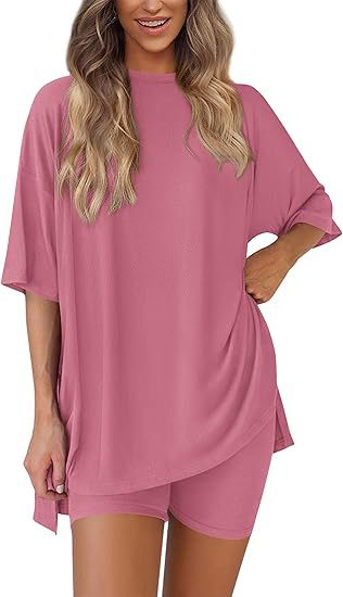 Picture of Cross-border foreign trade Amazon 2025 new women's casual round neck split loose shorts short sleeve home clothes suit