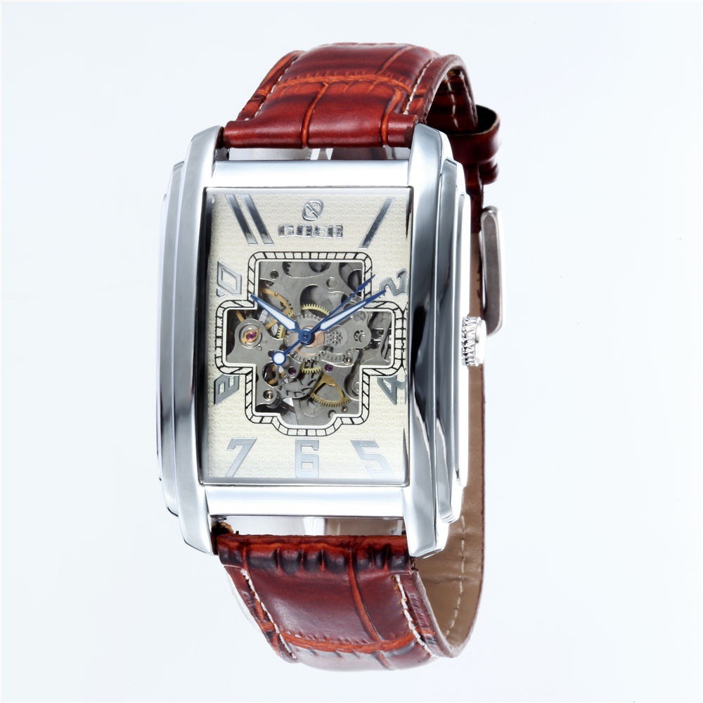 GOER automatic hollow mechanical watch men's rectangular belt watch