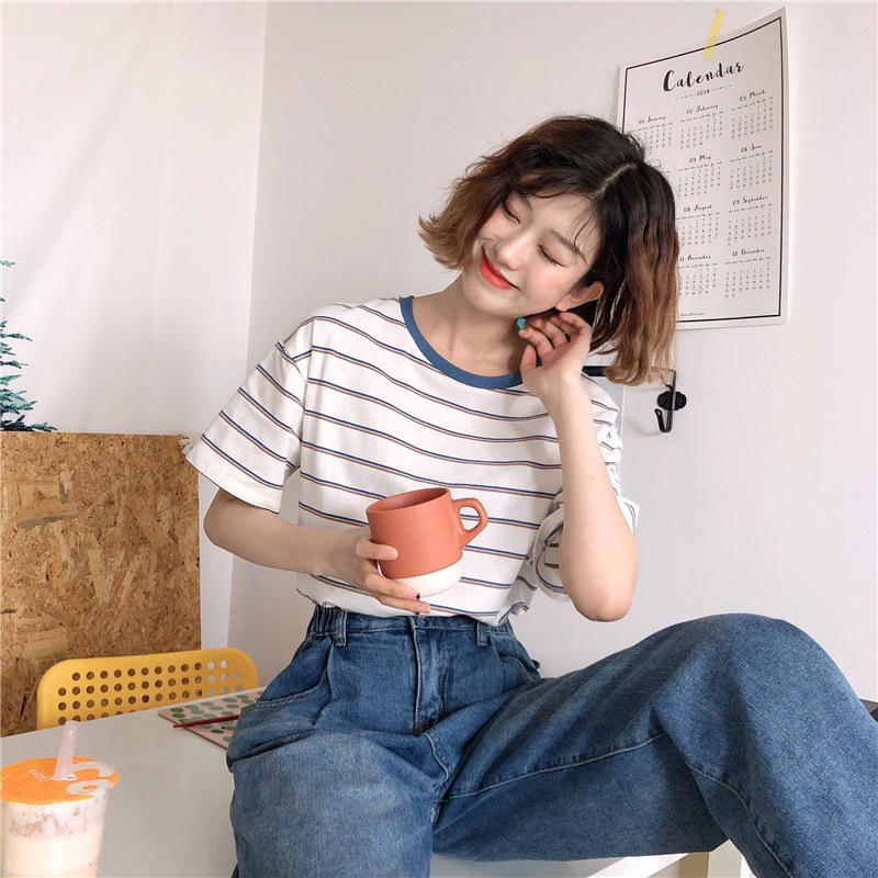 Picture of Blue Collar Color Stripesd Short-Sleeved T-Shirt for Women Summer Loose Bottoming Shirt Student Casual Top Export Women's Clothing Wholesale