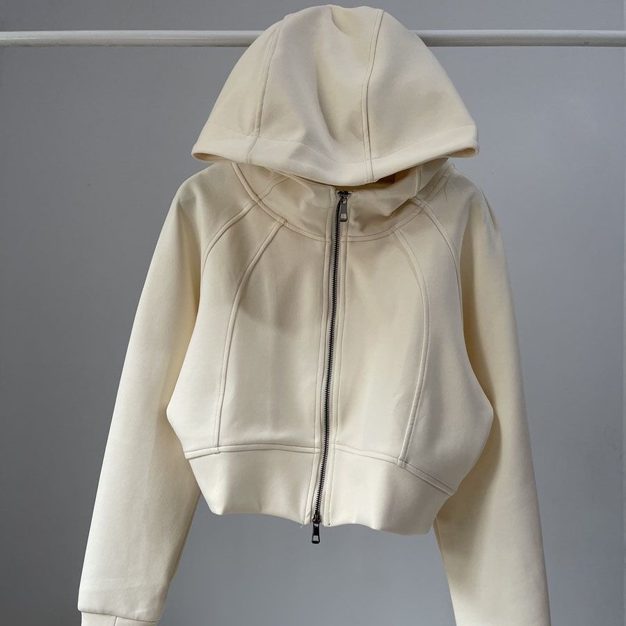 Sports Sweater Women's American Style Hot Girl Fashionable Air Layer Material Spring and Autumn Loose Cardigan Hooded Top Solid Color Short Jacket