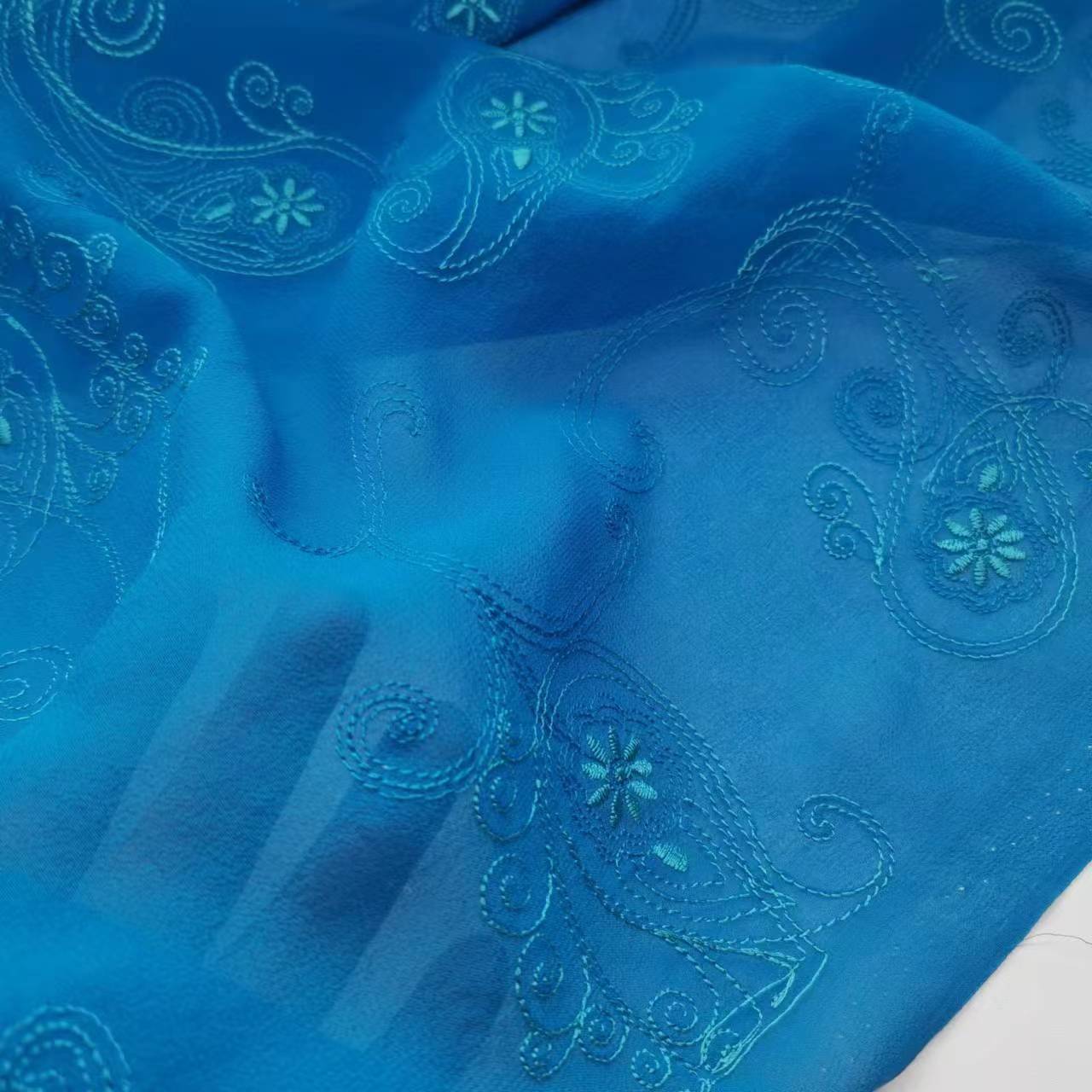 Picture of Special Offer Indigo 10mm Cashew Flower Embroider Mulberry Silk Georgette Fabric Narrow Fashion Skirt Silk Fabric