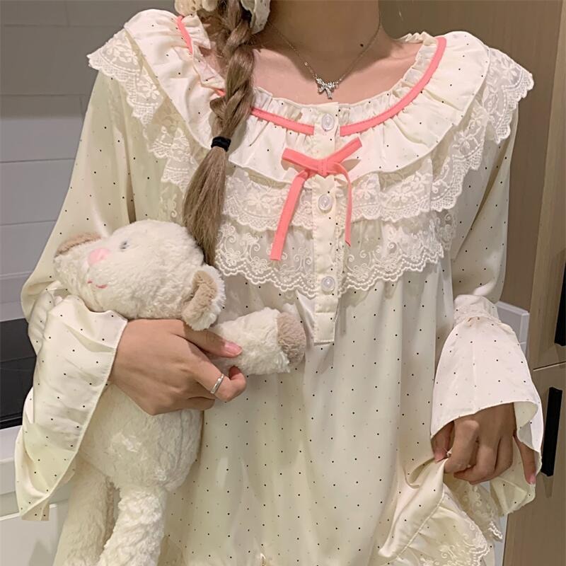 Ice Silk Korean Style Autumn and Winter New Pajamas Women's Suit Sweet Fairy White Doll Collar Loose Outer Wear Home