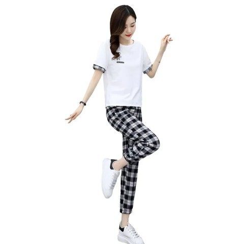 Picture of Fashion Casual Suit Women's 2023 Summer New Simple Elegant Slim Split Top Plaid Pants Two-piece Set