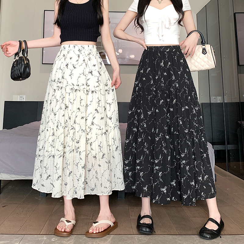 Real Shot 2024 Spring and Summer High Waist Slimming Romantic Gentle Pleated Ruffled Floral Mid-length A- line Half-length Umbrella Skirt