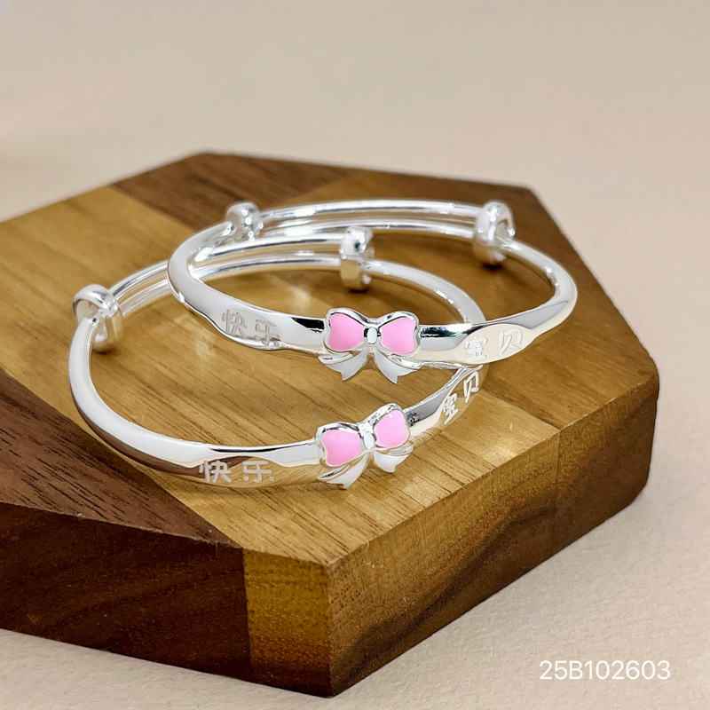 9999 Sterling Silver Bracelet Enamel Bow Solid Push-Pull Baby Bracelet for Baby Full Moon One-Year-Old Gift