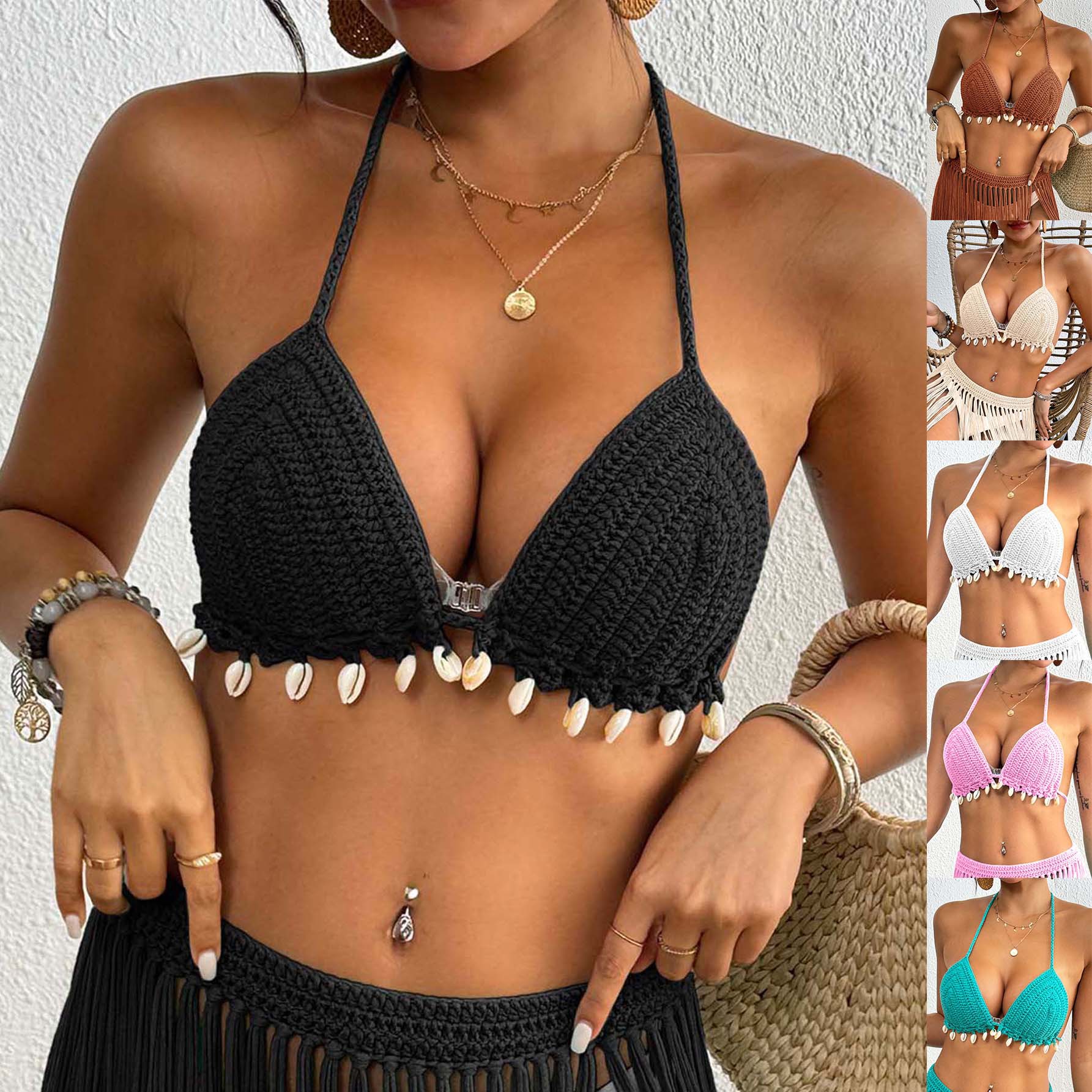 Women's Top Cross-border European and American Women's Handmade Shell Stitching Strap Bikini Swimwear Top Beach Cover