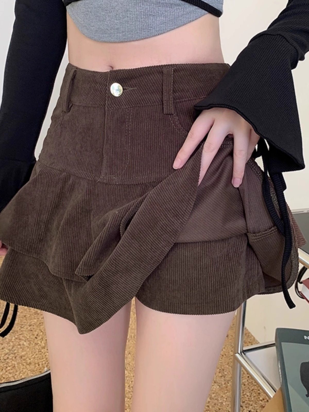 brown Corduroy Pleated Skirt Women's Autumn and Winter High Waist A- Line Hip Tuffy Short Skirt Fishtail Skirt Cake Skirt Women