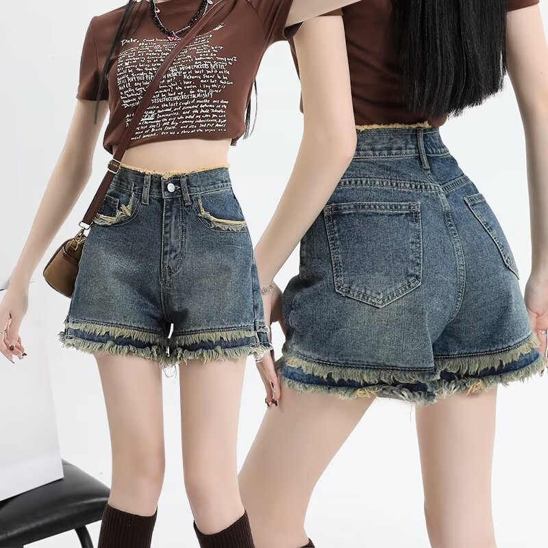 2024 Jeans Shorts Women's Summer Thin Outerwear Slimming High Waist Raw Edge Light Color Denim Shorts Dropshipping