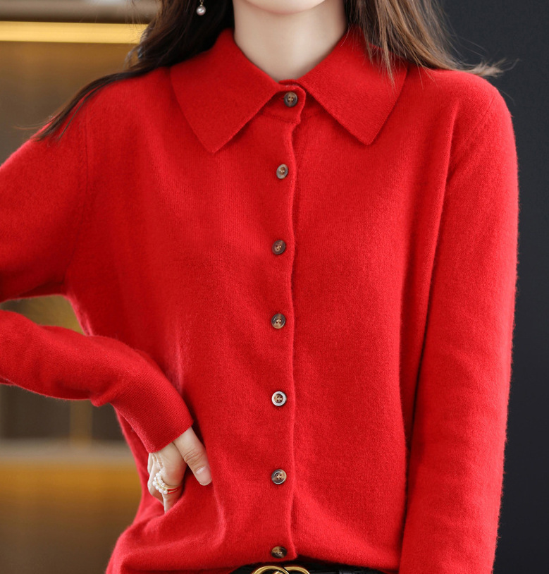 Picture of Spring and Autumn POLO Collar Shirt Women's Outerwear Loose Long-sleeved Sweater Non-cashmere Lapel Knitted Cardigan Top Jacket