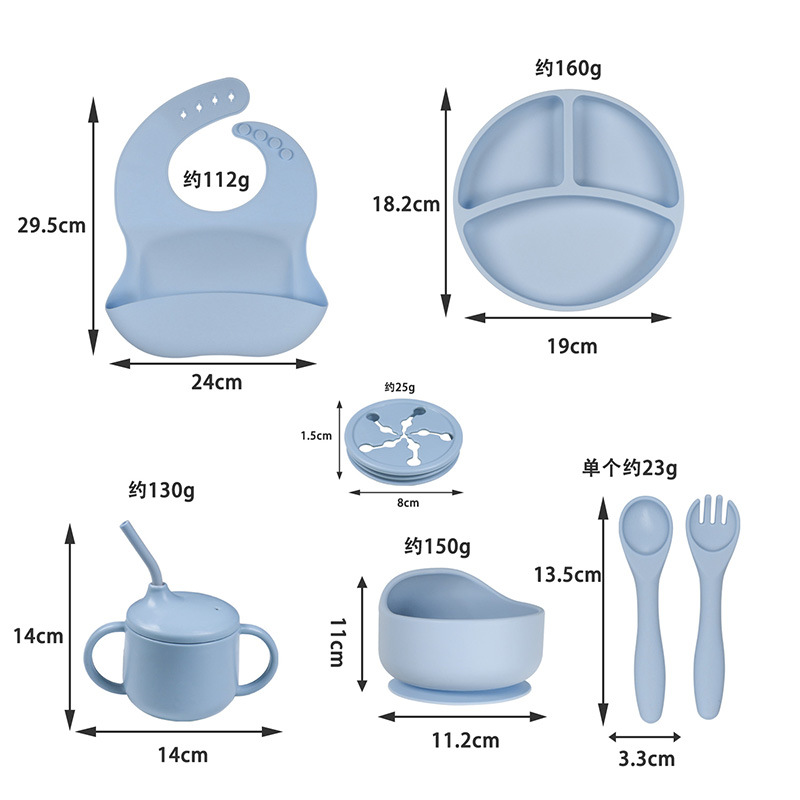Picture of Cross-border Hot Selling Children's Supplementary Silicone Dinner Plate Bowl Fork Spoon Bib Five Pieces Tableware suit Drop Resistant Dinner Plate suit