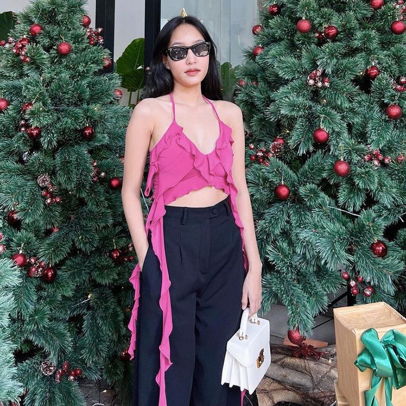 AYY22524 Elegant Ruffled Strap Neck Top ins European and American Design Sense Hot Girl Navel Solid Color Vest