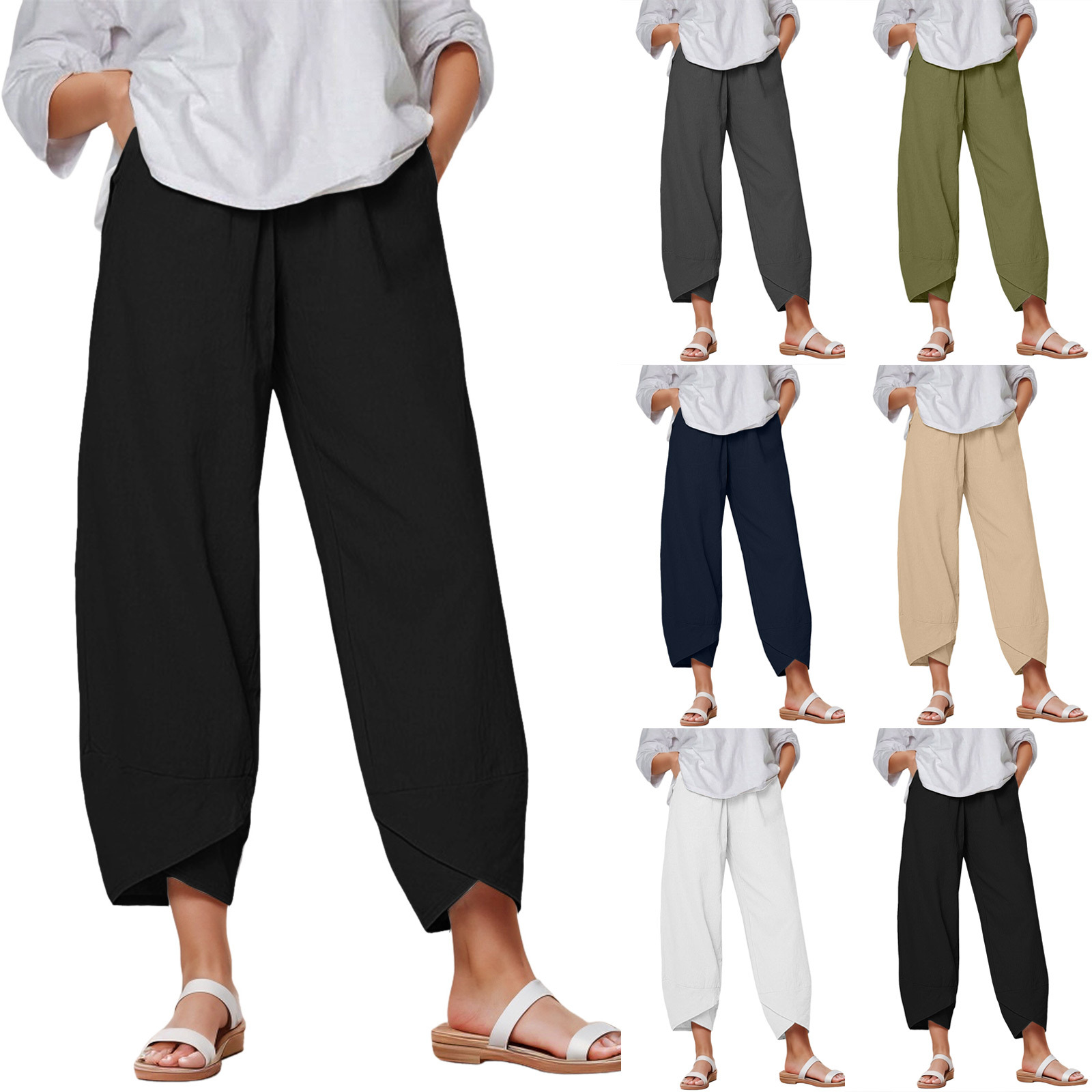 Amazon foreign trade cross-border loose wide-leg pants cotton and linen loose elastic waist solid color retro casual pants pocket