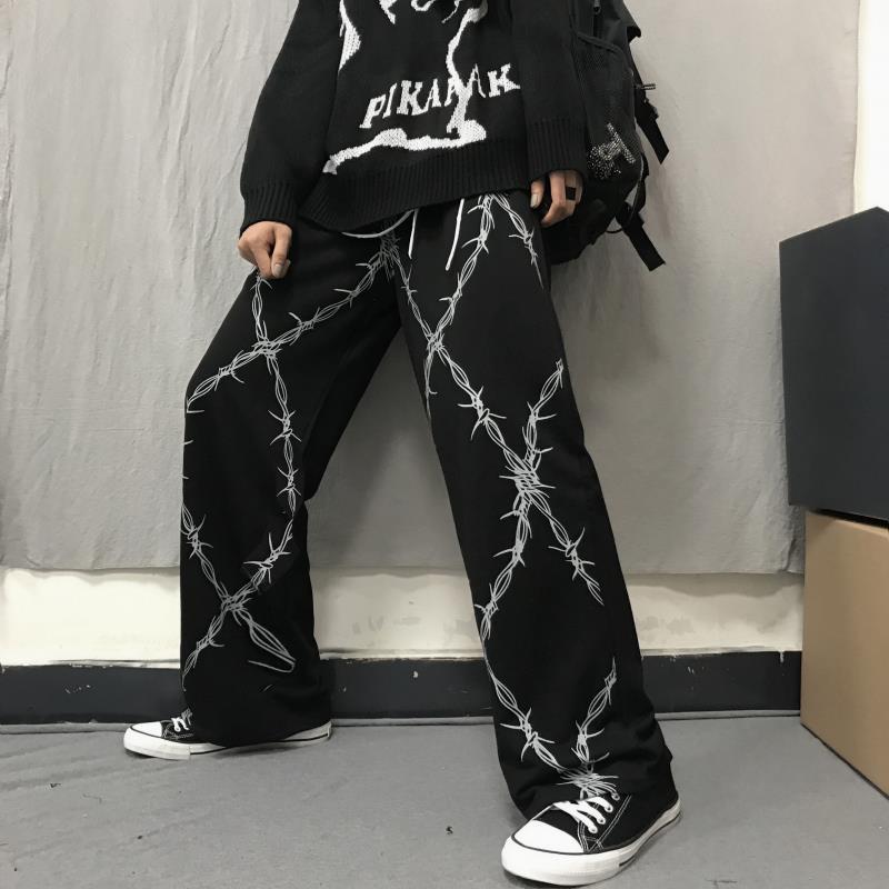 Korean-style Harajuku Retro Diablo Personalized Printed Casual Straight Leg Pants Loose High Waist Wide Leg Trendy High Street Pants for Men and Women