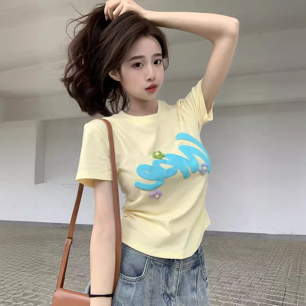 Three-dimensional Floret Foam Printed Shoulder Short-sleeved T-shirt Women's Summer Slim-fit Short Dopamine Top