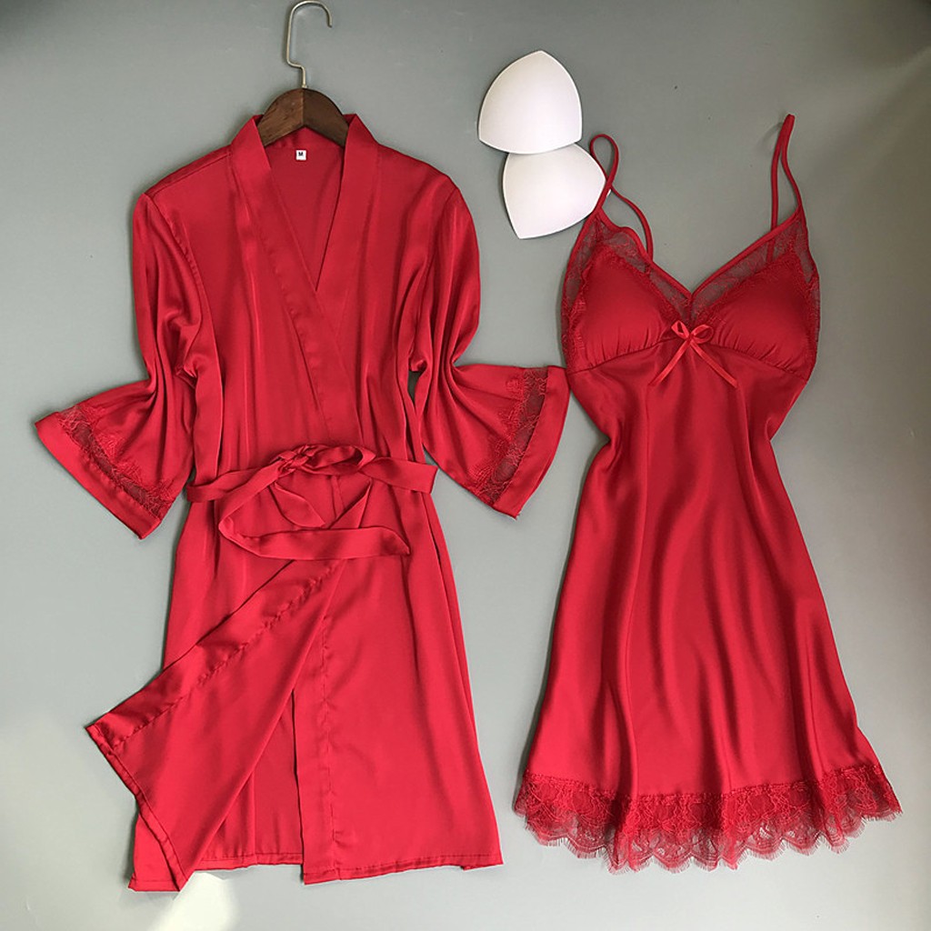 Women's two-piece sexy nightgown with chest pad and suspenders