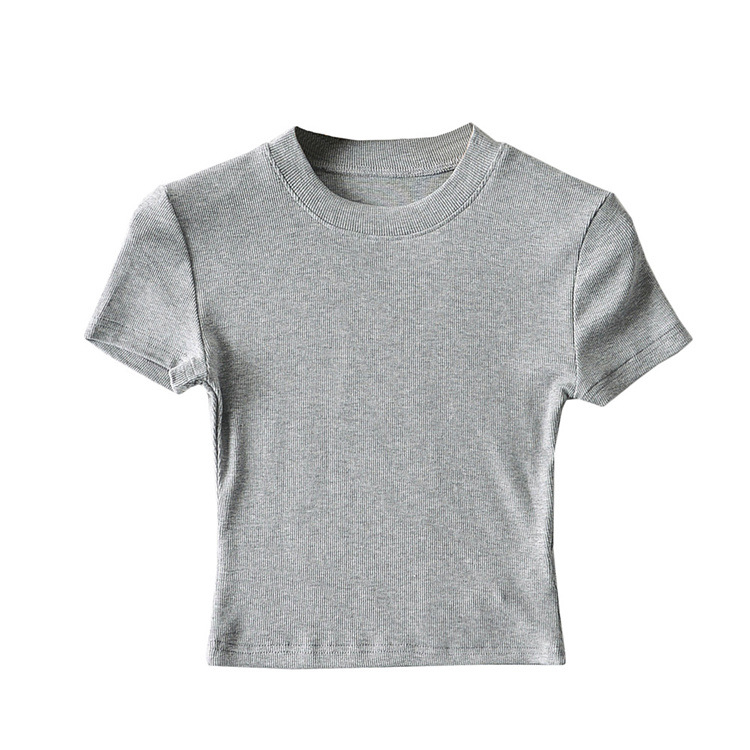 Picture of YPFF new summer color slim-fit short-sleeved round neck bag chest T-shirt sports fitness solid color short navel top