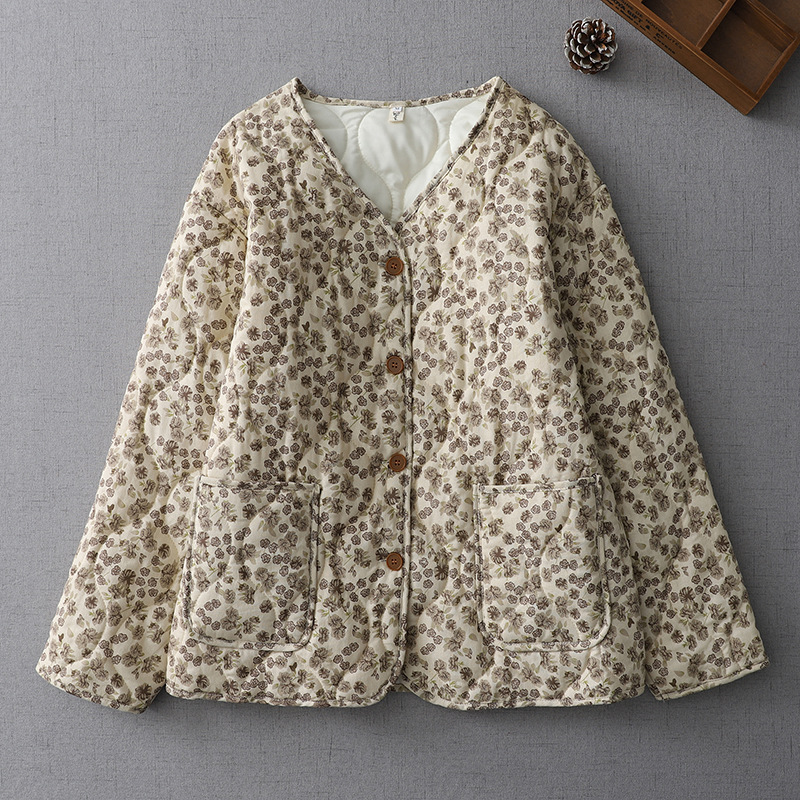 Autumn and Winter 2024 New Floral Cotton-padded Jacket Artistic Retro Sweet Loose Warm Round Neck Cotton-padded Jacket Jacket for Women