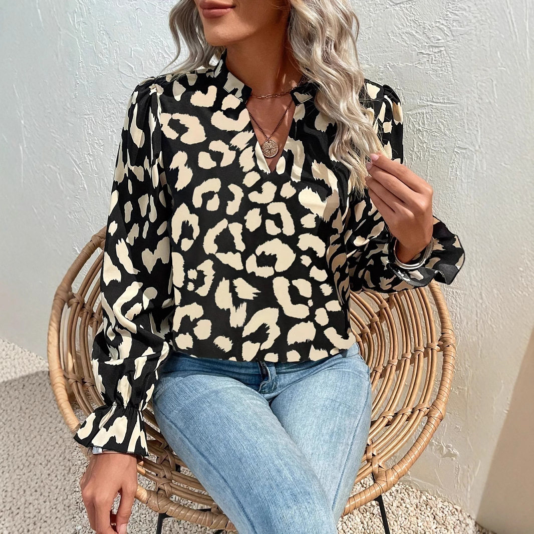 European and American Amazon Cross-Border 2025 Spring New Elegant Casual Loose Long-Sleeved V Neck Printed Shirt