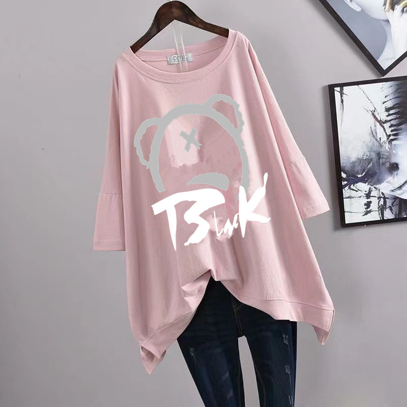 Picture of 100kg Plus Size Women's Summer Leaf Print Casual Slit Mid-Length Short Sleeve T-Shirt Loose Oversized Style