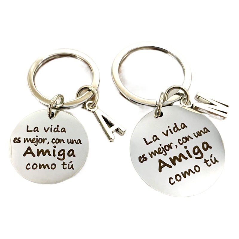 Small language Spanish stainless steel round keychain laser engraving jewelry AliExpress hot sale