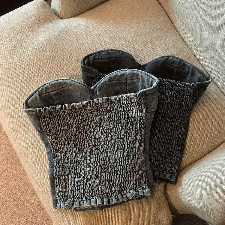 Picture of Fashion hot girl retro color Denim tube top women's summer 2023 new sweet cool all-match off-shoulder navel short top