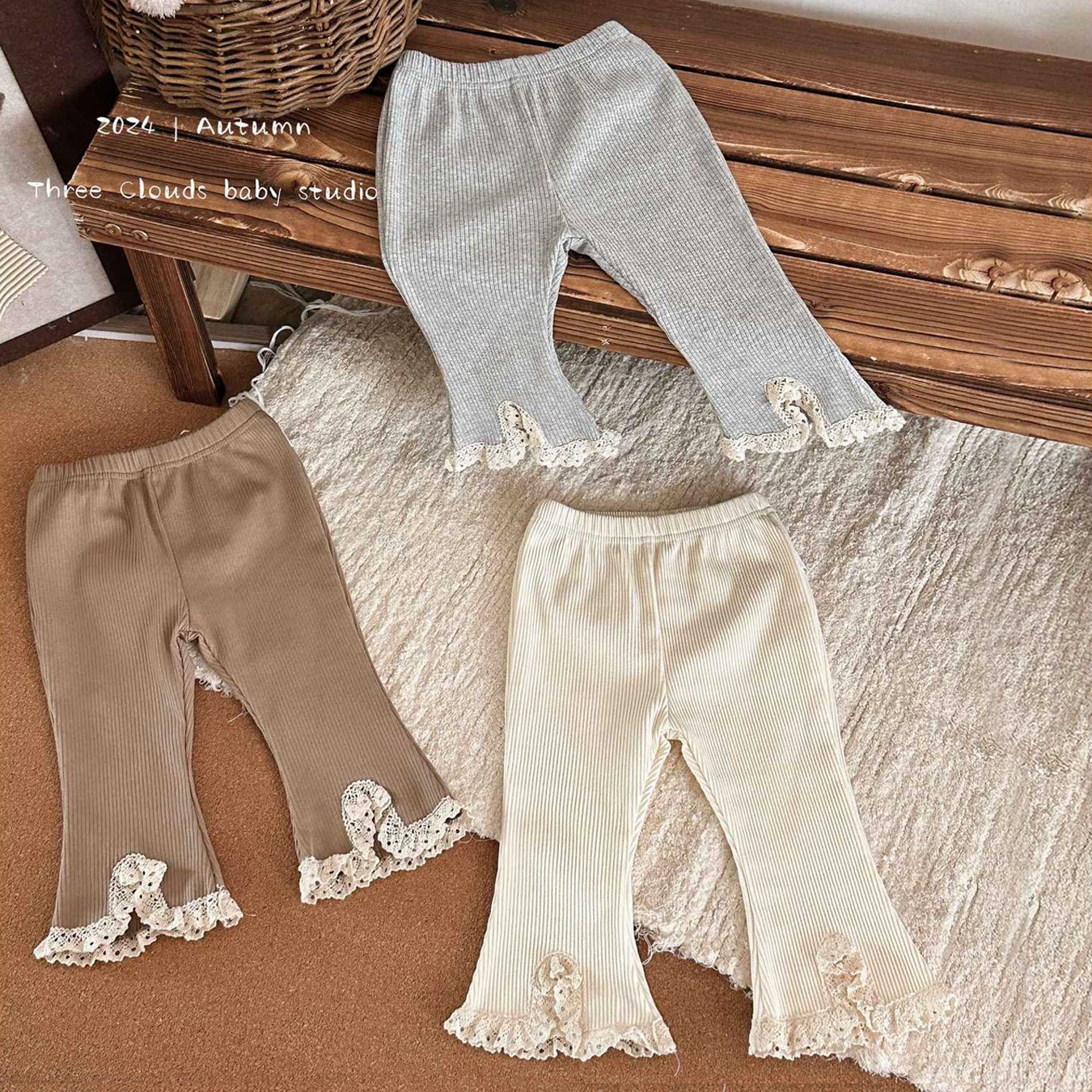 Picture of Infants and Young Children Early Autumn and Winter Baby Girl Korean Style Slightly Flared Lace Pants Elastic Pit Strips Versatile Pure Color Bell-Bottom Pants