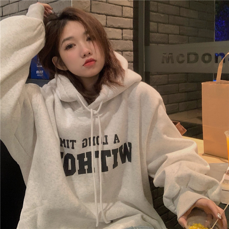 Picture of Spring, Autumn and Winter Velvet Hooded Sweatshirt for Women, Korean Style Loose Letter Top, Female Student Couple Jacket, Cross-Border Wholesale